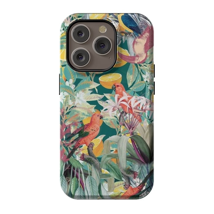 iPhone 14 Pro StrongFit Parrots, oranges and tropical leaves - jungle paradise by Oana 