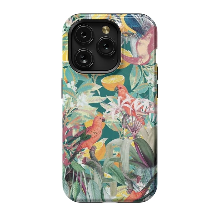 iPhone 15 Pro StrongFit Parrots, oranges and tropical leaves - jungle paradise by Oana 