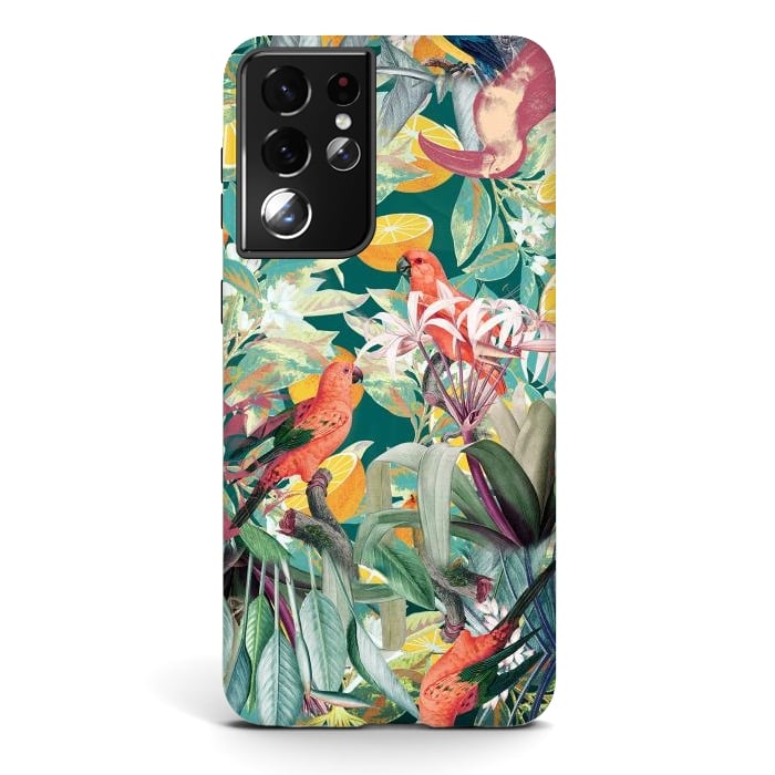 Galaxy S21 ultra StrongFit Parrots, oranges and tropical leaves - jungle paradise by Oana 