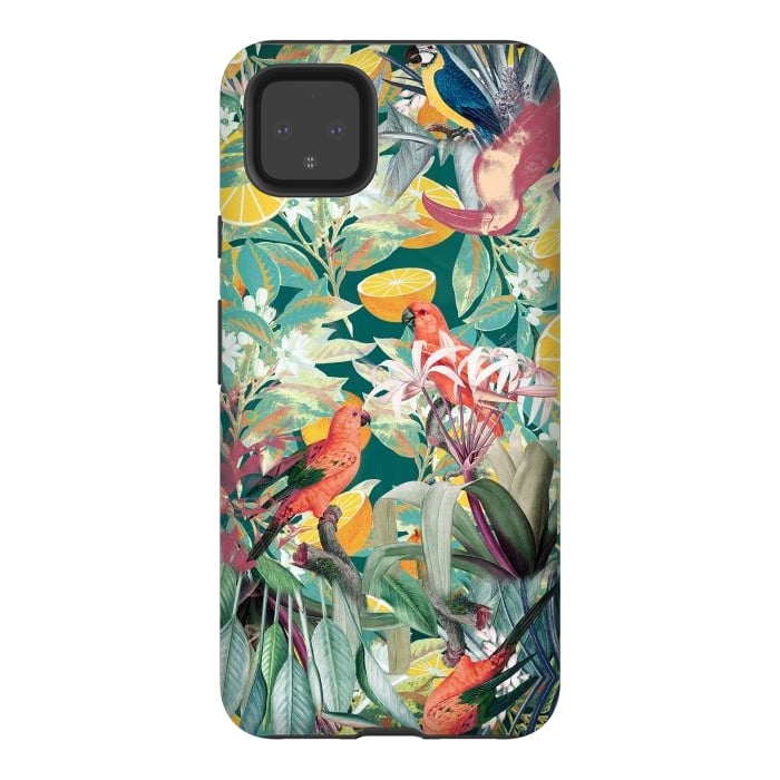 Pixel 4XL StrongFit Parrots, oranges and tropical leaves - jungle paradise by Oana 