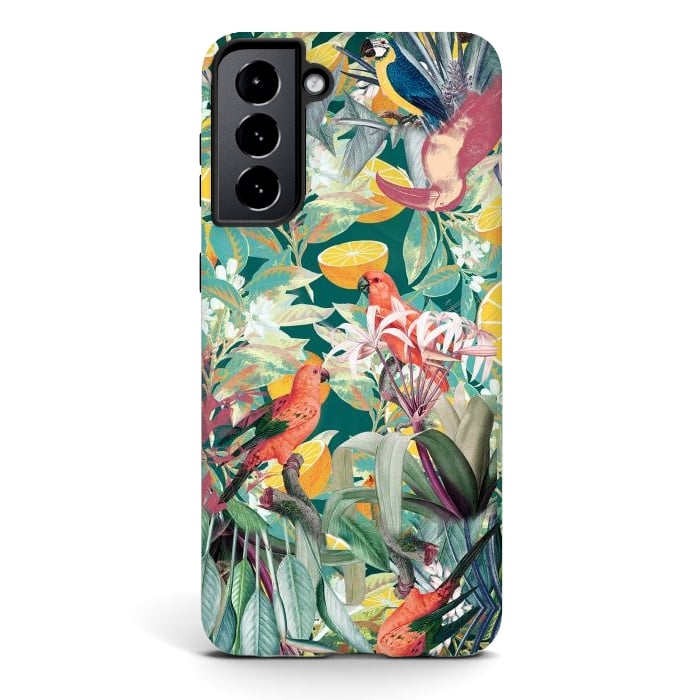 Galaxy S21 StrongFit Parrots, oranges and tropical leaves - jungle paradise by Oana 