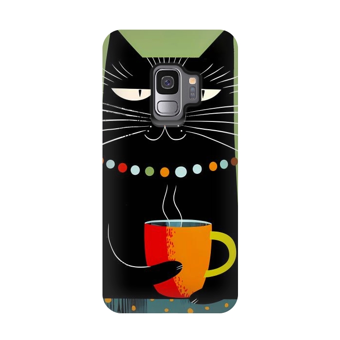 Galaxy S9 StrongFit Black angry cat drinking coffee by haroulita