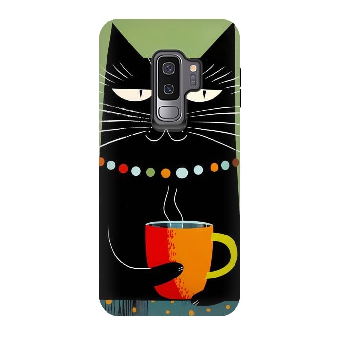 Galaxy S9 plus StrongFit Black angry cat drinking coffee by haroulita