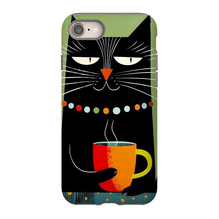 iPhone 8 StrongFit Black angry cat drinking coffee by haroulita