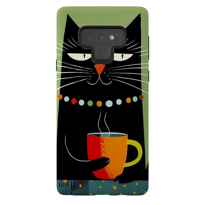 Galaxy Note 9 StrongFit Black angry cat drinking coffee by haroulita