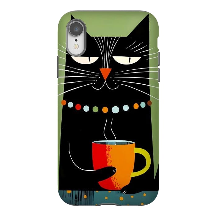 iPhone Xr StrongFit Black angry cat drinking coffee by haroulita