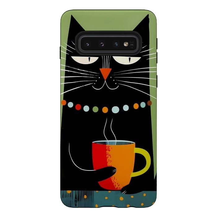 Galaxy S10 StrongFit Black angry cat drinking coffee by haroulita