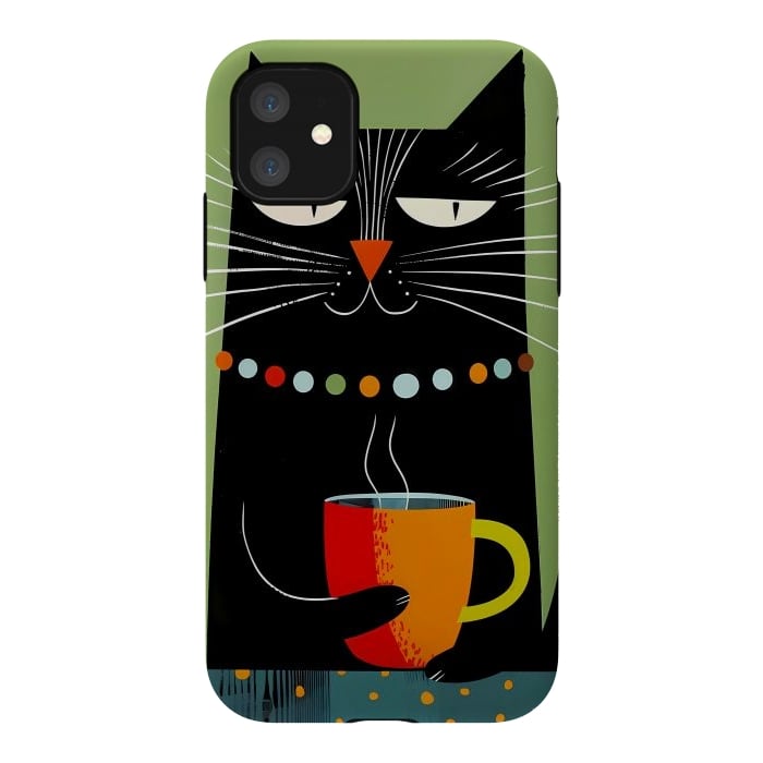iPhone 11 StrongFit Black angry cat drinking coffee by haroulita