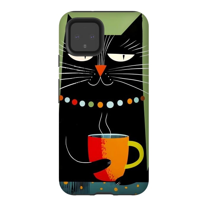 Pixel 4 StrongFit Black angry cat drinking coffee by haroulita