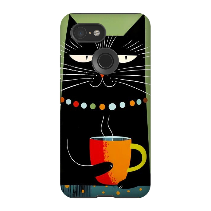 Pixel 3 StrongFit Black angry cat drinking coffee by haroulita