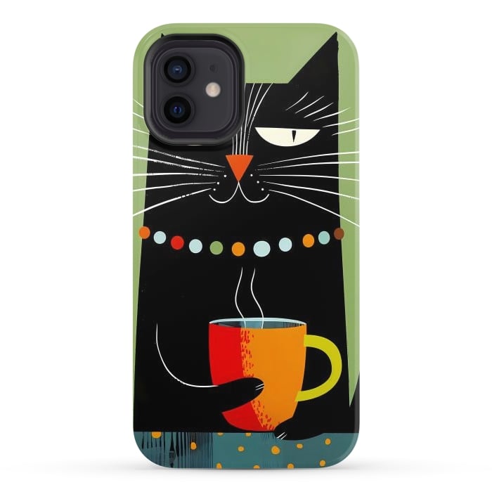 iPhone 12 StrongFit Black angry cat drinking coffee by haroulita