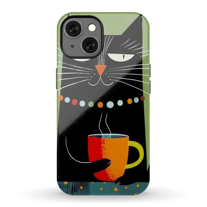 iPhone 13 StrongFit Black angry cat drinking coffee by haroulita