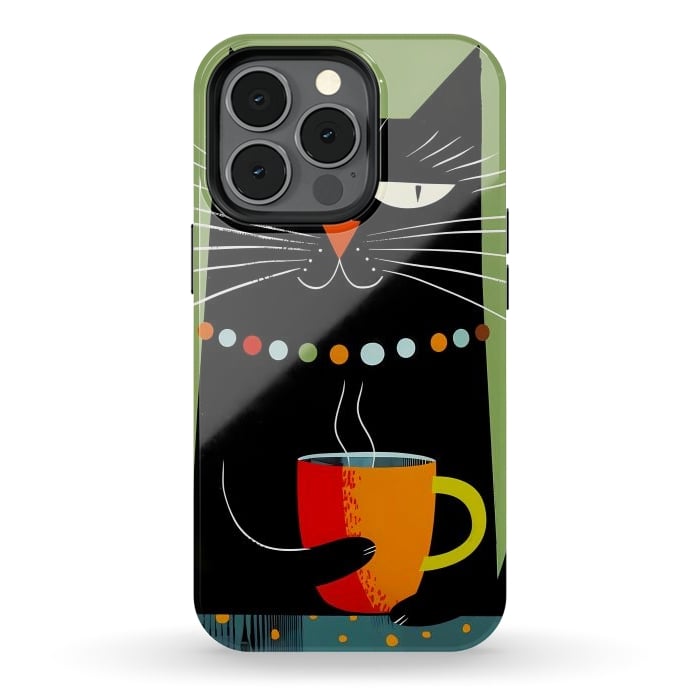 iPhone 13 pro StrongFit Black angry cat drinking coffee by haroulita