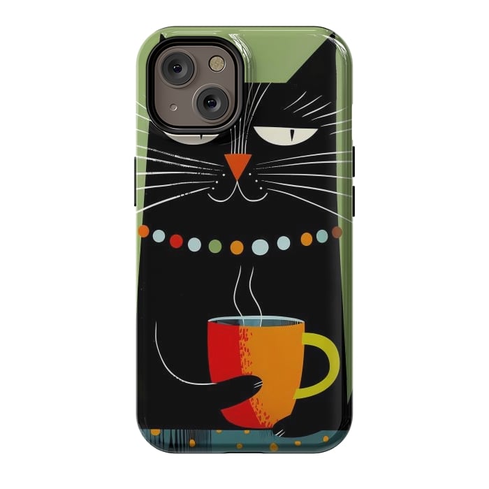 iPhone 14 StrongFit Black angry cat drinking coffee by haroulita