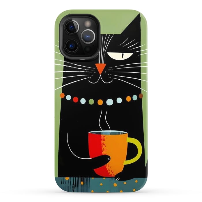 iPhone 12 Pro Max StrongFit Black angry cat drinking coffee by haroulita
