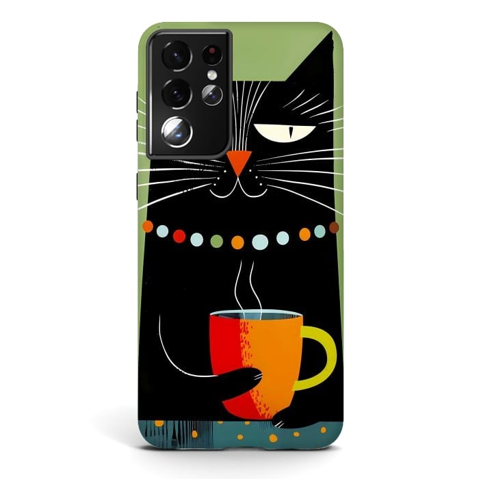 Galaxy S21 ultra StrongFit Black angry cat drinking coffee by haroulita