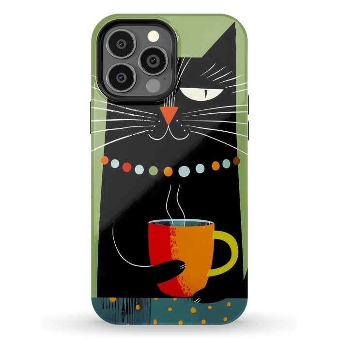 iPhone 13 Pro Max StrongFit Black angry cat drinking coffee by haroulita