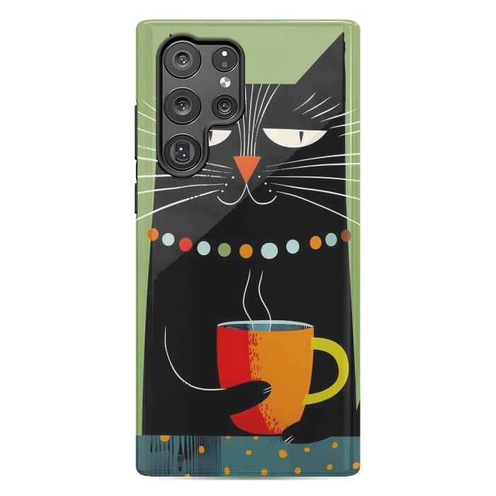 Galaxy S22 Ultra StrongFit Black angry cat drinking coffee by haroulita