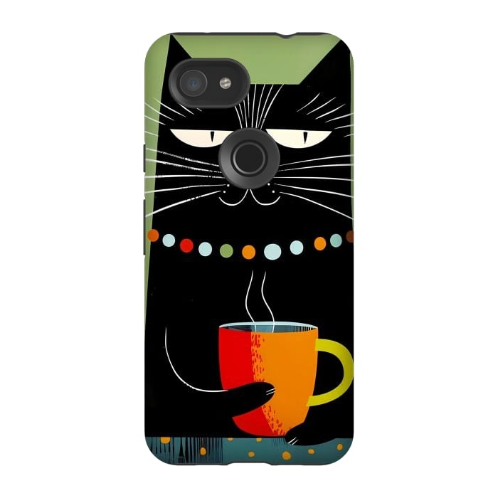 Pixel 3A StrongFit Black angry cat drinking coffee by haroulita
