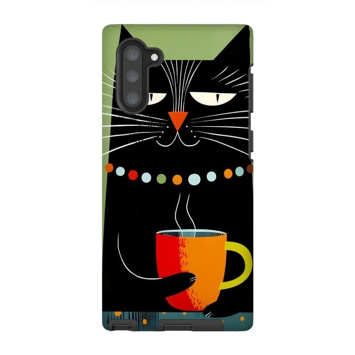 Galaxy Note 10 StrongFit Black angry cat drinking coffee by haroulita