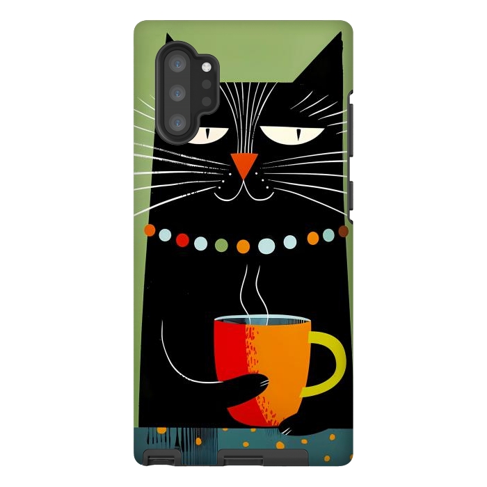 Galaxy Note 10 plus StrongFit Black angry cat drinking coffee by haroulita