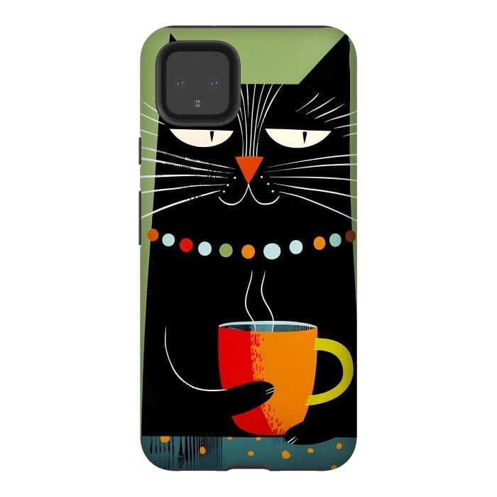Pixel 4XL StrongFit Black angry cat drinking coffee by haroulita