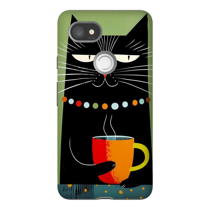 Pixel 2XL StrongFit Black angry cat drinking coffee by haroulita