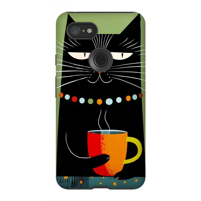 Pixel 3XL StrongFit Black angry cat drinking coffee by haroulita
