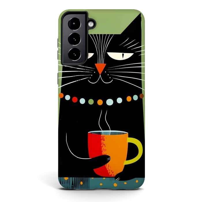 Galaxy S21 plus StrongFit Black angry cat drinking coffee by haroulita