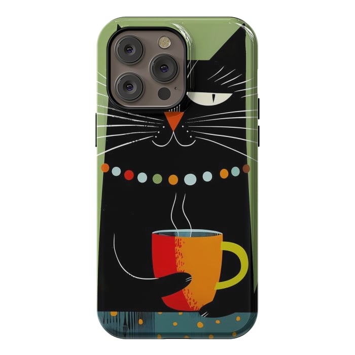 iPhone 14 Pro max StrongFit Black angry cat drinking coffee by haroulita