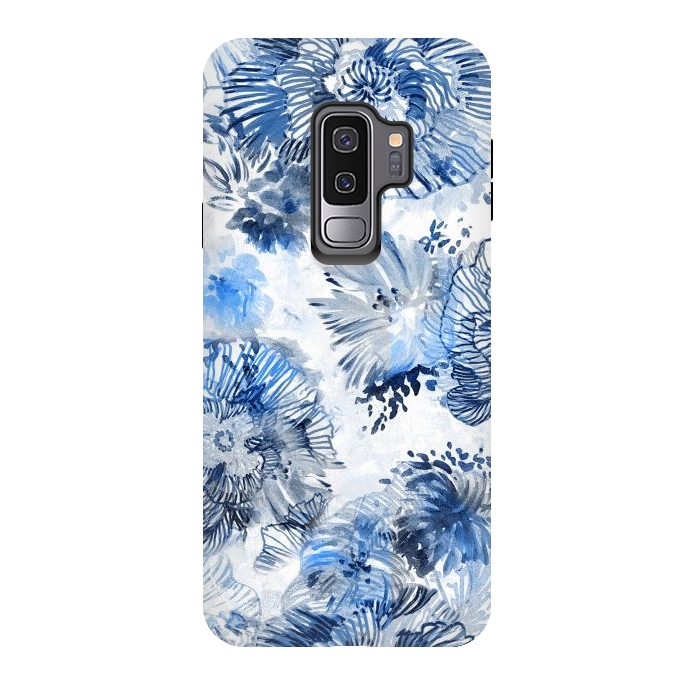 Galaxy S9 plus StrongFit Blue watercolor flowers - painted petals by Oana 