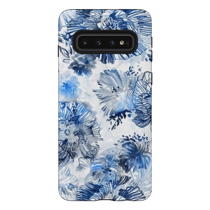 Galaxy S10 StrongFit Blue watercolor flowers - painted petals by Oana 
