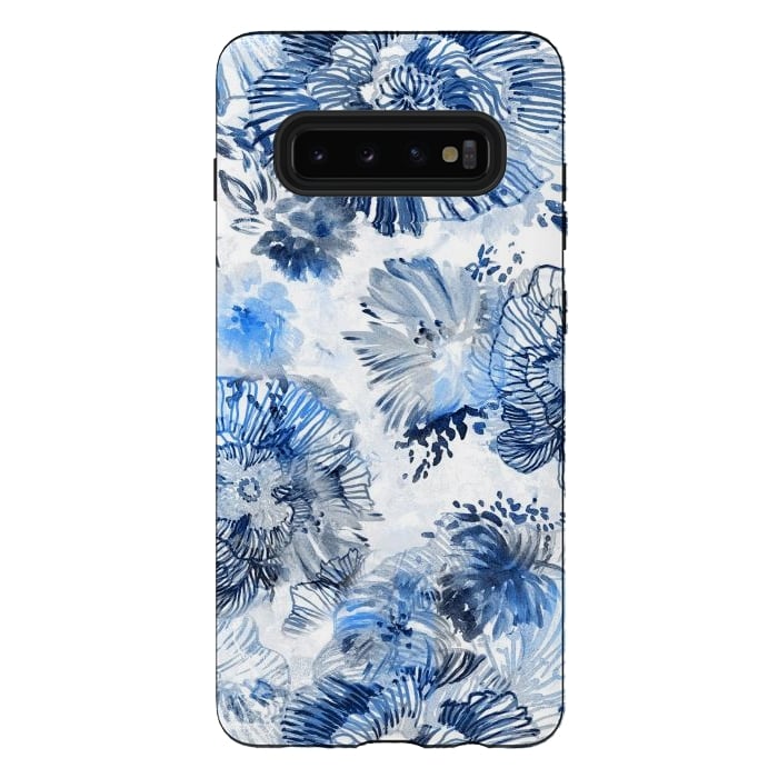 Galaxy S10 plus StrongFit Blue watercolor flowers - painted petals by Oana 