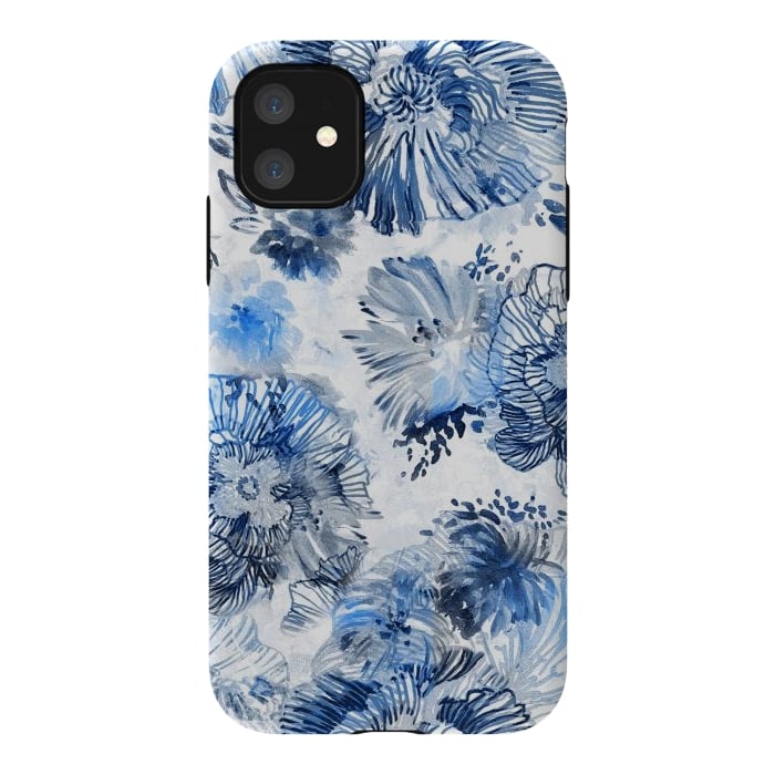 iPhone 11 StrongFit Blue watercolor flowers - painted petals by Oana 