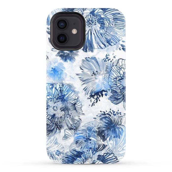 iPhone 12 StrongFit Blue watercolor flowers - painted petals by Oana 