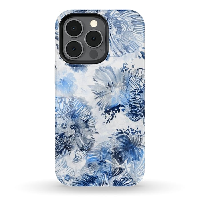 iPhone 13 pro StrongFit Blue watercolor flowers - painted petals by Oana 