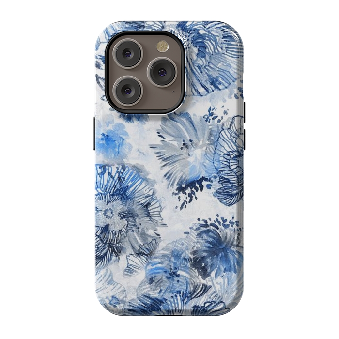 iPhone 14 Pro StrongFit Blue watercolor flowers - painted petals by Oana 