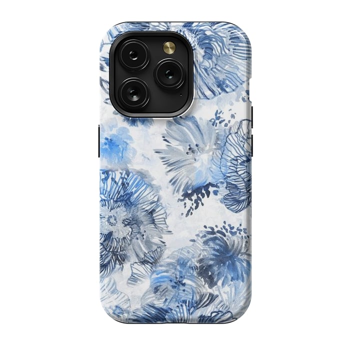 iPhone 15 Pro StrongFit Blue watercolor flowers - painted petals by Oana 