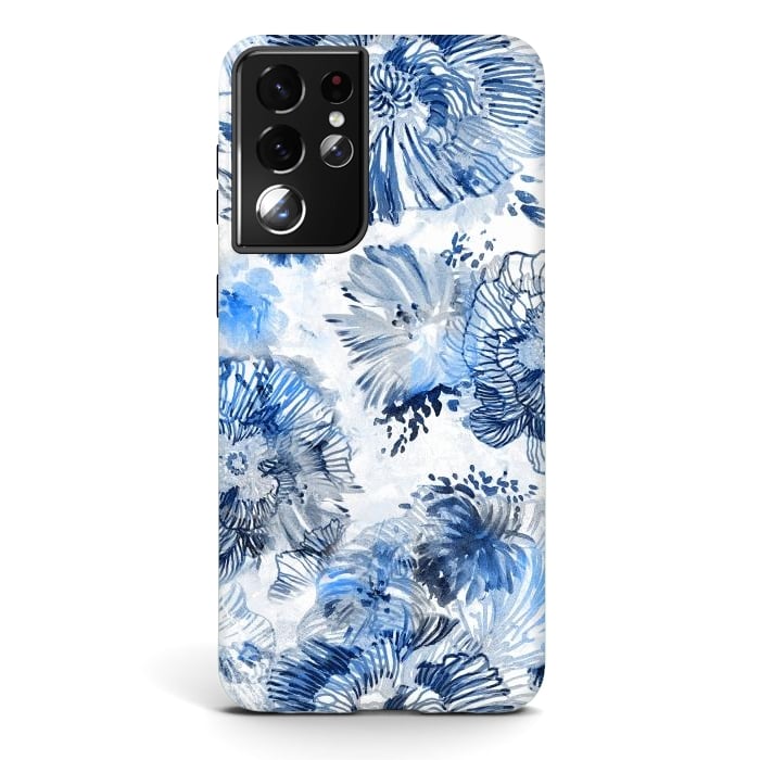 Galaxy S21 ultra StrongFit Blue watercolor flowers - painted petals by Oana 