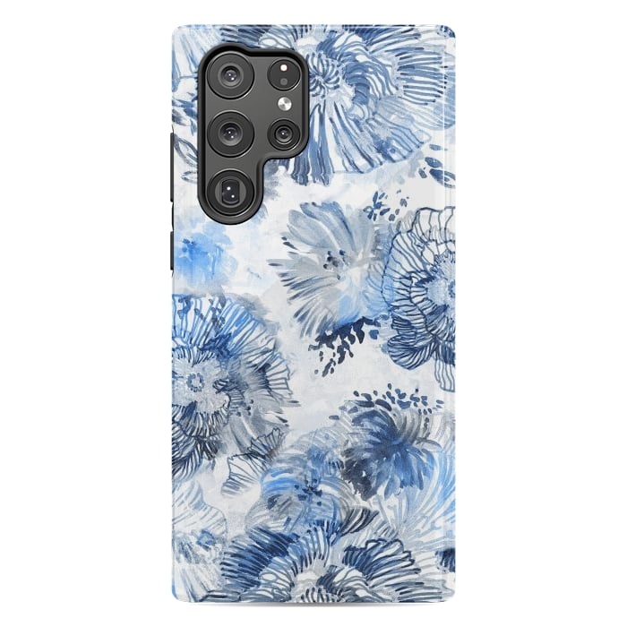 Galaxy S22 Ultra StrongFit Blue watercolor flowers - painted petals by Oana 