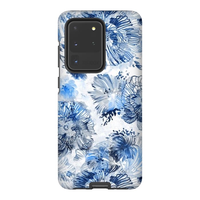 Galaxy S20 Ultra StrongFit Blue watercolor flowers - painted petals by Oana 