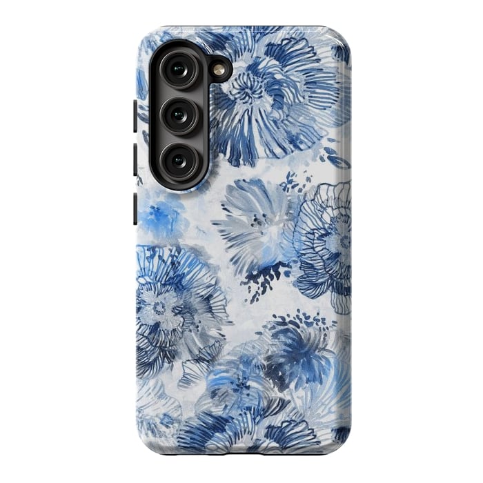 Galaxy S23 StrongFit Blue watercolor flowers - painted petals by Oana 