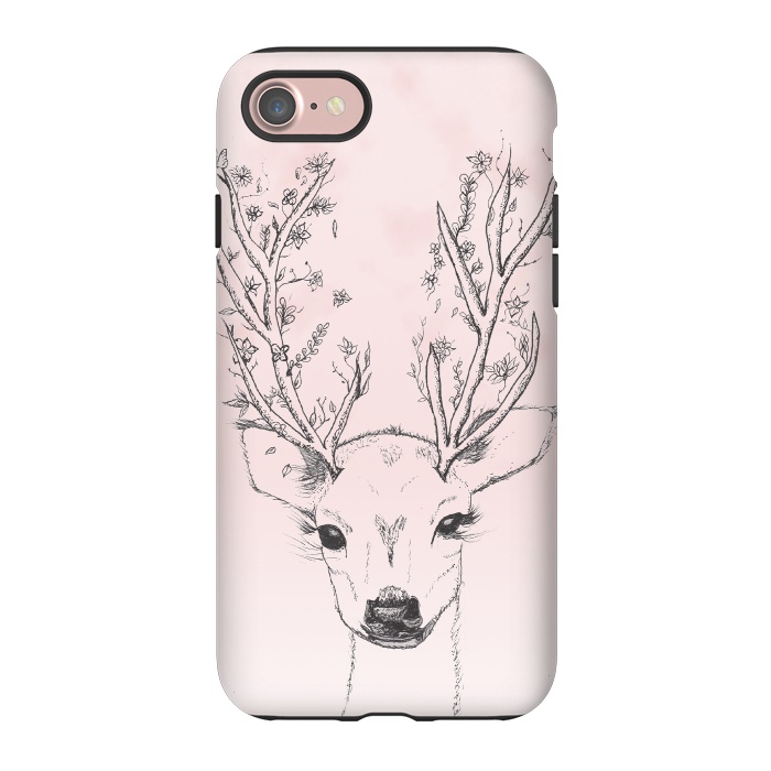 iPhone 7 StrongFit Cute Handdrawn Floral Deer Antlers Pink by Girly Trend